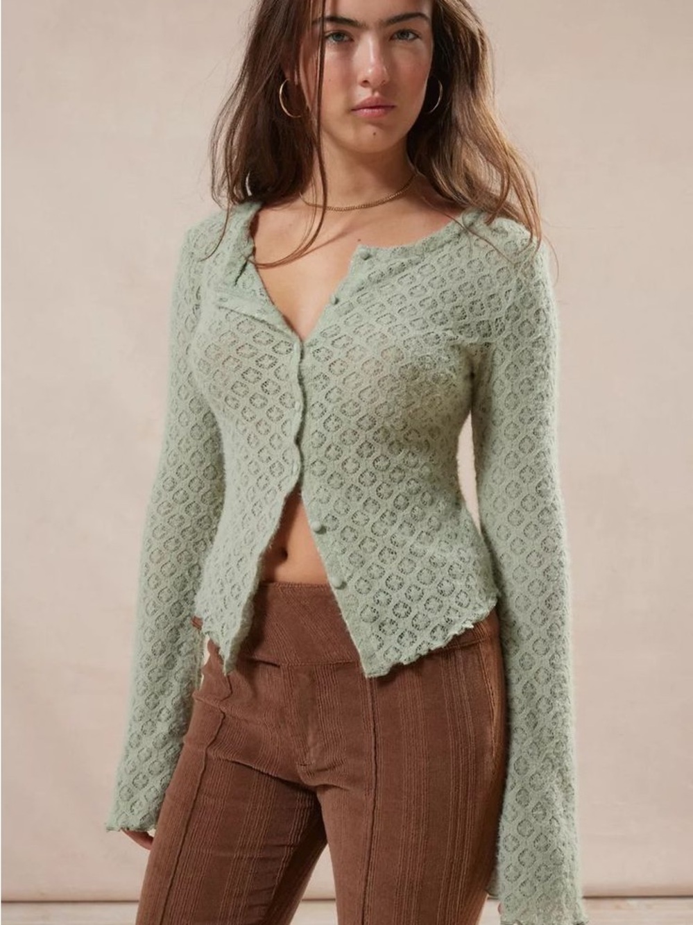 Urban Outfitters Kimchi Blue Sage Green Pointelle Cassidy Cardigan